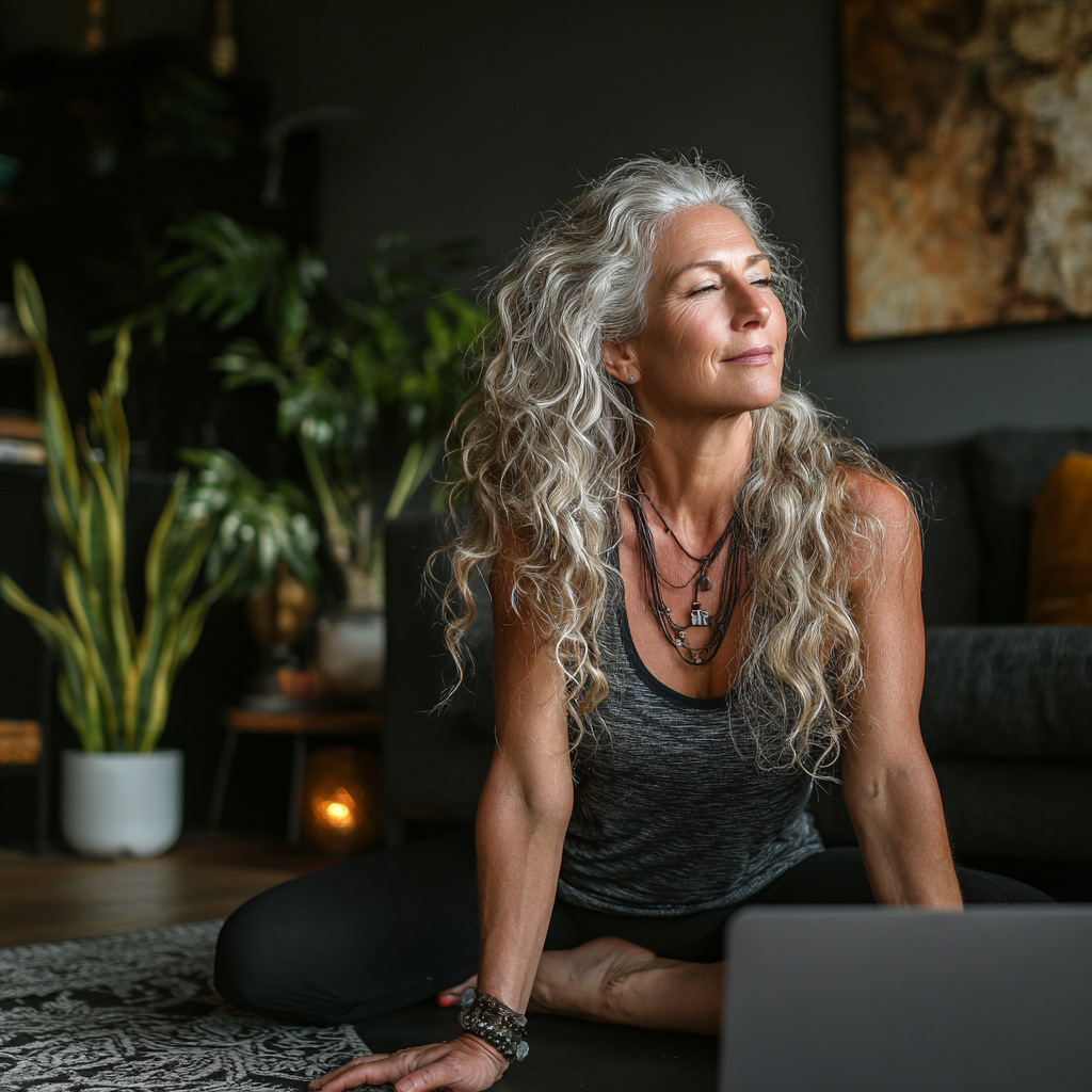Mujer de 52 años practicando yoga en su sala de estar siguiendo una clase online en su laptop