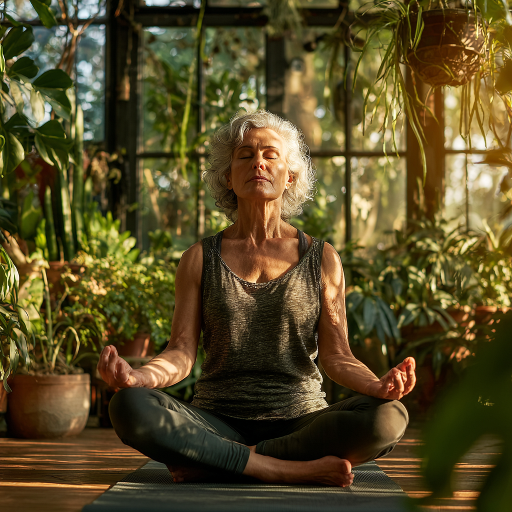Mujer de 55 años practicando yoga en posición de loto en un ambiente sereno con plantas verdes