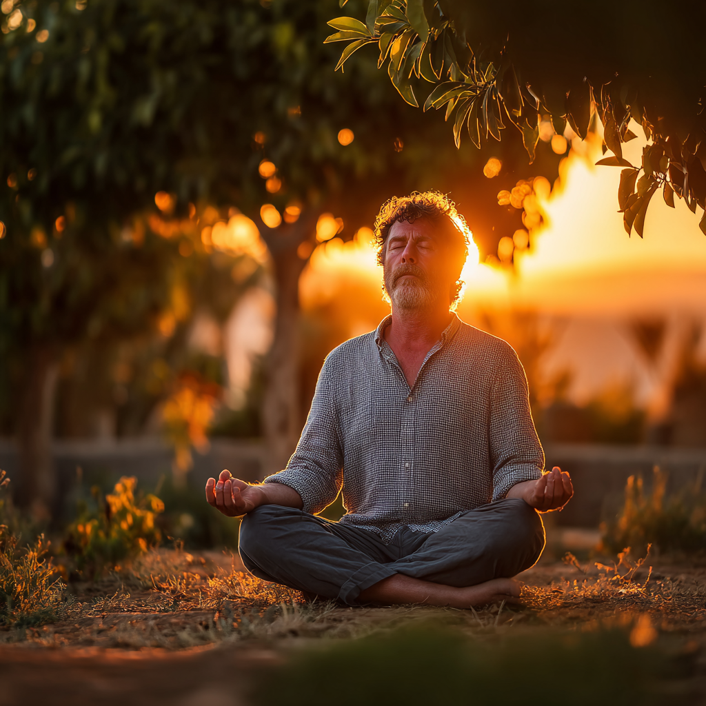 Hombre de 58 años meditando en posición de loto en un jardín con árboles frondosos al atardecer