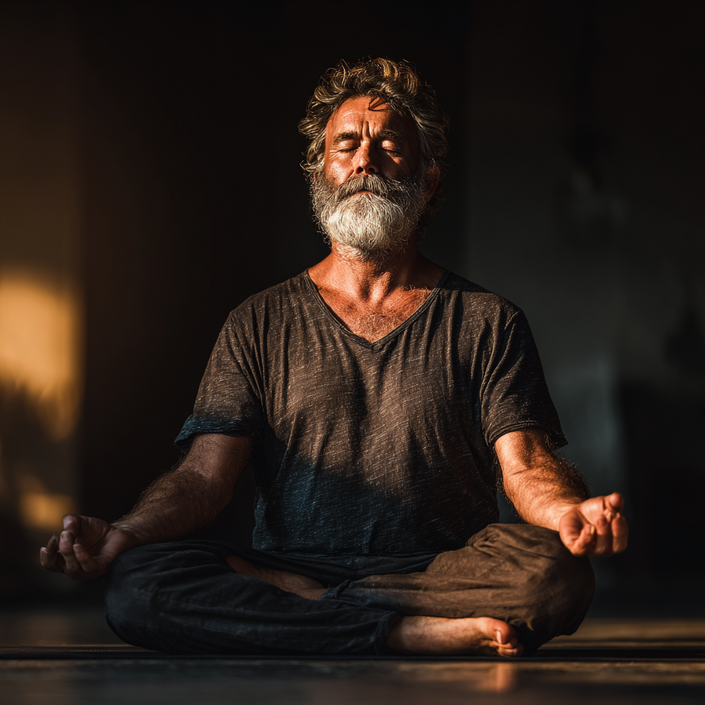 Hombre de 60 años meditando sentado en posición cómoda con los ojos cerrados en un ambiente silencioso